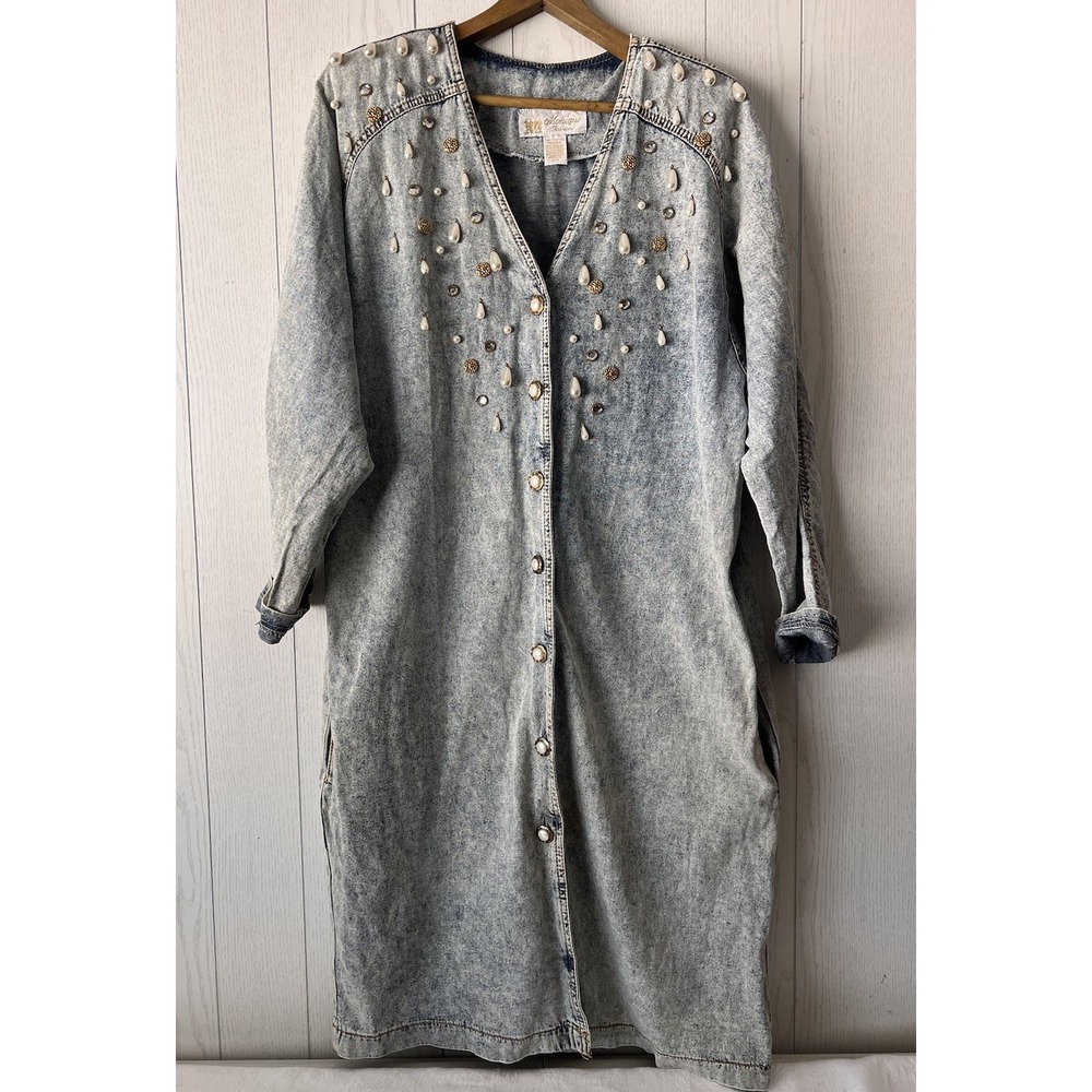 Vintage 80's Denim Dress‎ Cowgirl Monique Fashions Sz 13/14 Stone Washed Pearls